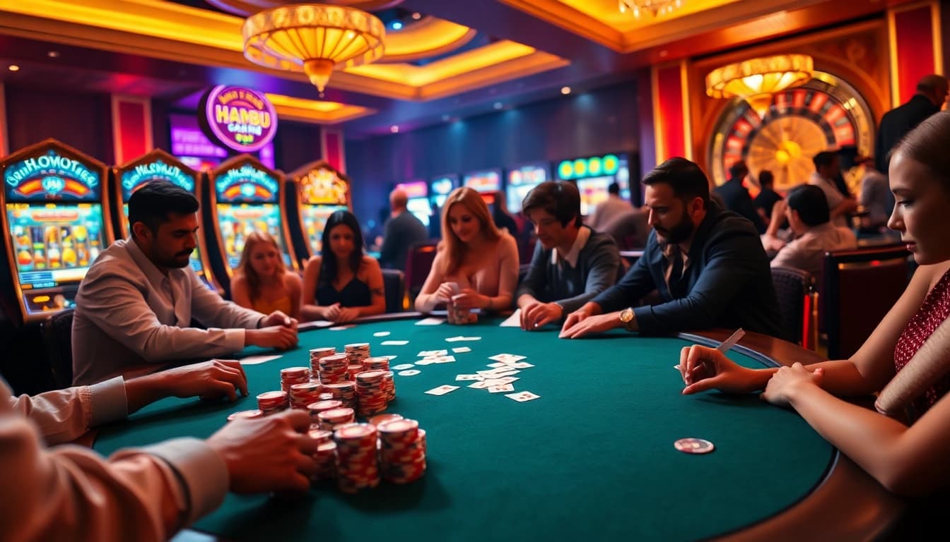 M88 players enjoying an engaging casino experience with vibrant slot machines and poker games.