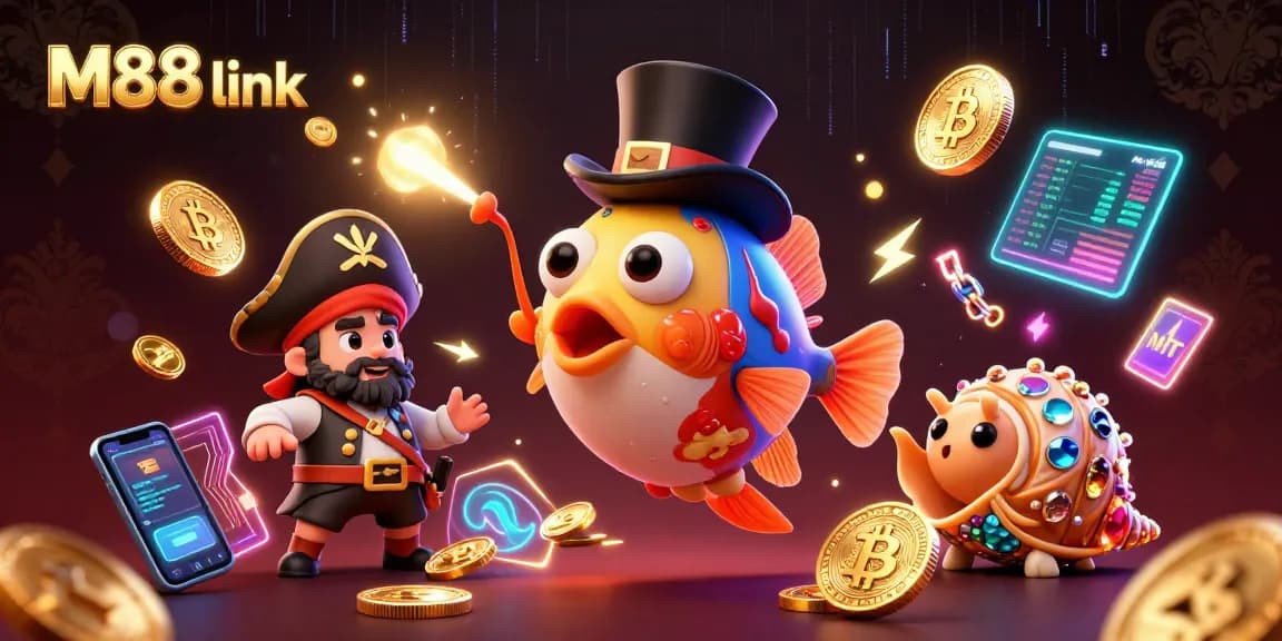Experience M88 link with thrilling 3D illustration showcasing casino elements and crypto coins.