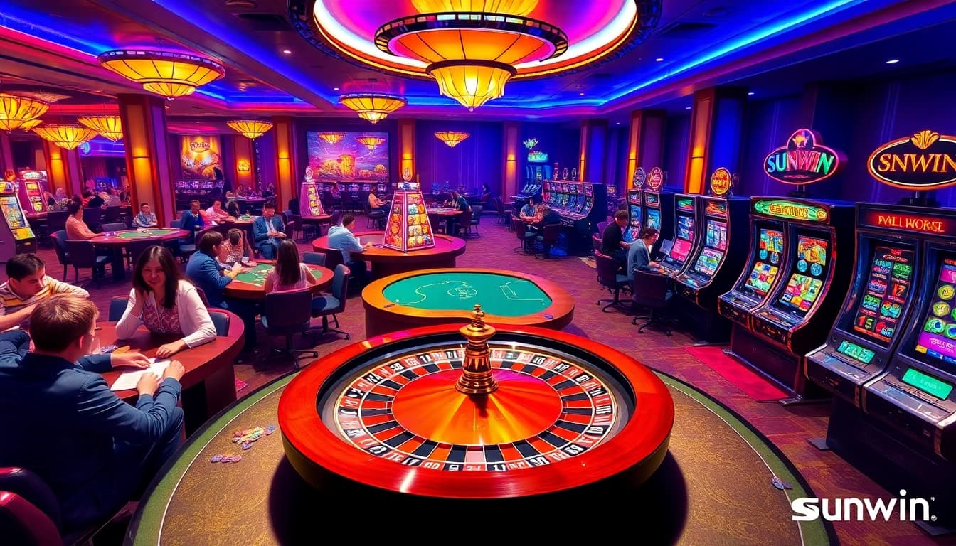 Players enjoying a thrilling game at the sunwin casino, featuring roulette and slot machines.