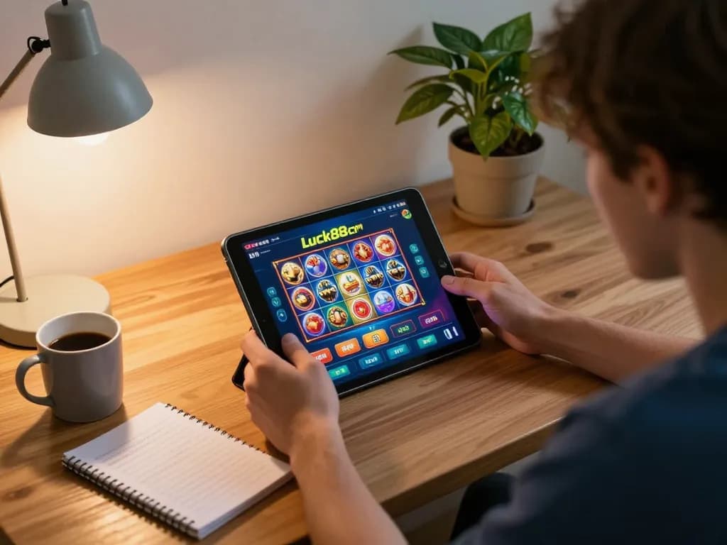Engaging gameplay on luck88com shown on a tablet with vibrant slots and poker options.