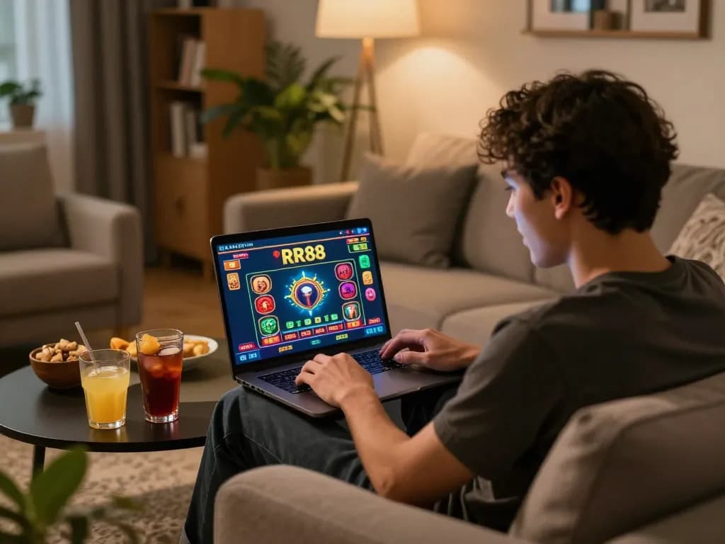 Player enjoying RR88 online casino gaming at home with laptop and snacks