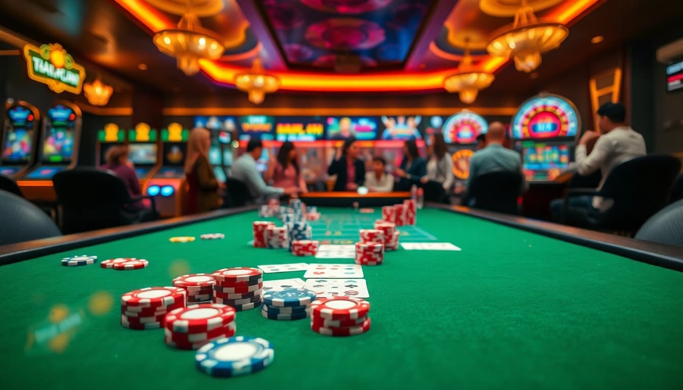 Exciting scene of betting at Nhà Cái Ga888 casino, showcasing poker chips and cards.