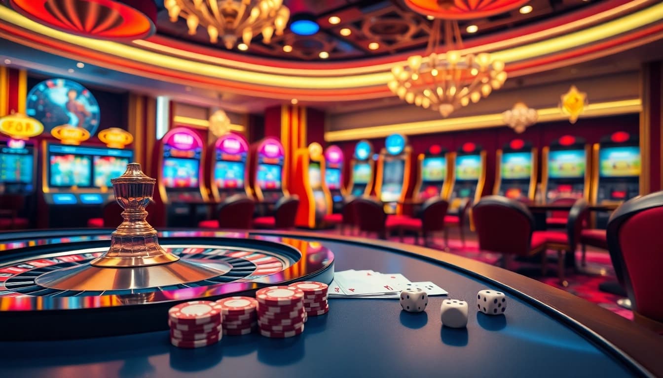Engage in thrilling games at F8BET.COM, featuring vibrant slot machines and elegant casino elements.