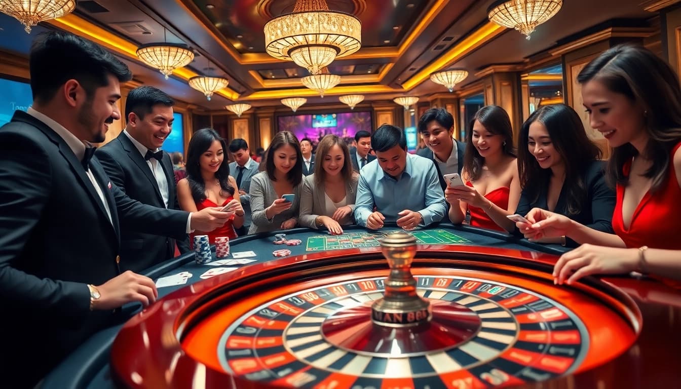 Experience the thrill of Man88 gaming with a luxurious casino scene featuring roulette and poker.