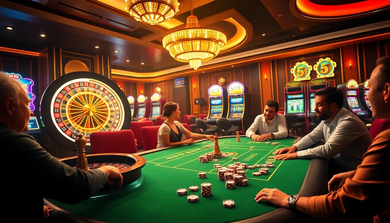 Experience the thrilling 555 win with players celebrating at a luxurious casino.