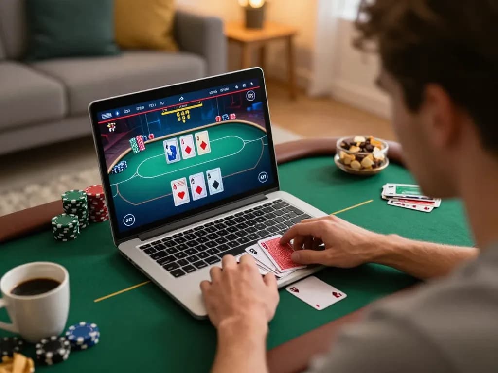 Player strategies in an online Iwin poker game setup with laptop, cards, and cozy home atmosphere.