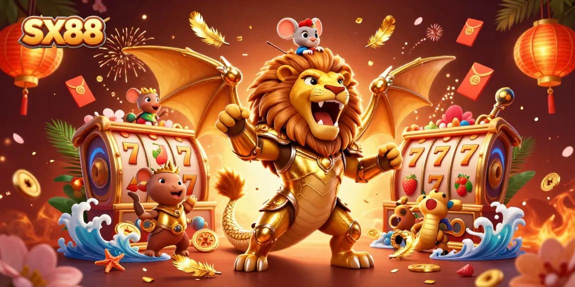 SX88 players indulge in exciting slot games featuring golden chimera, vivid coins, and lanterns.