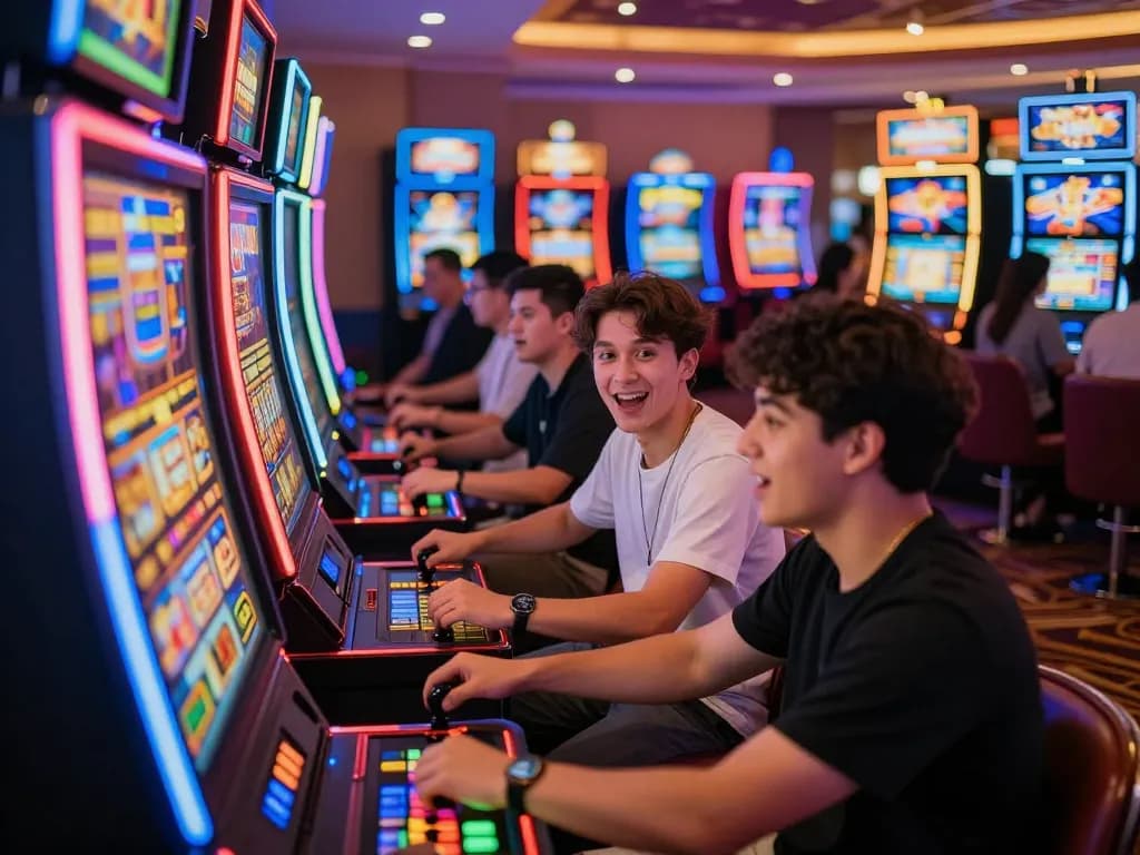 Players at NET88 slot machines experiencing an engaging gaming moment amidst vibrant lights.