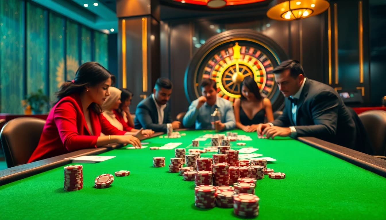 Excited gamblers at a luxurious casino table featuring 88i poker chips and cards.