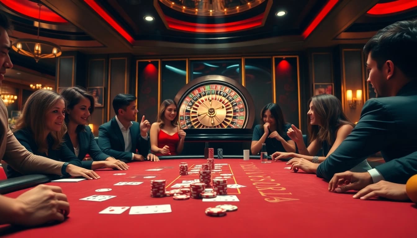 Excited players at a casino table showcasing the thrill of gambling with 789p gaming platform elements.