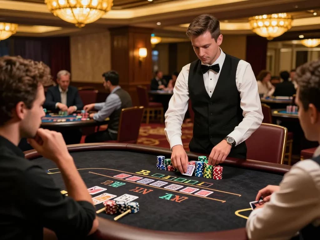 Engaging in a high-stakes blackjack game at MM88 casino with eager players and warm ambiance
