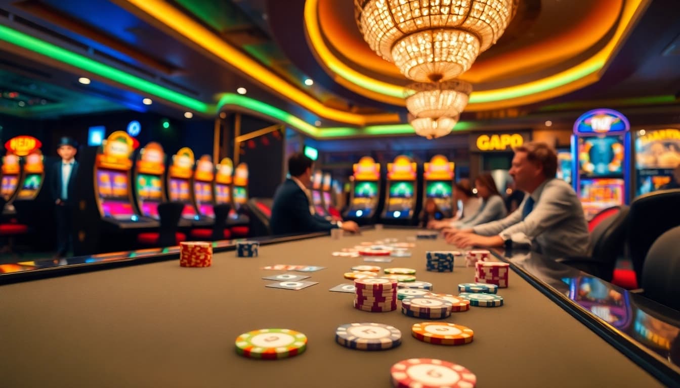 Exciting casino atmosphere at Hi888 with poker chips and vibrant slot machines.