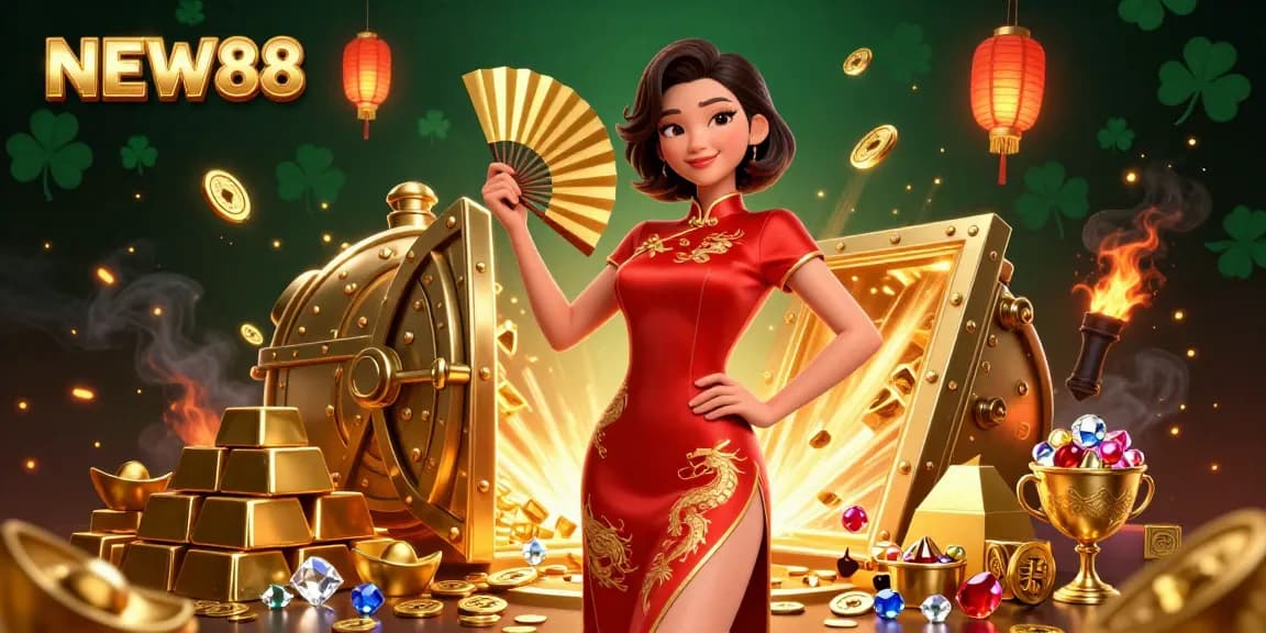 Play games and win at NEW88 with stunning golden visuals and vibrant casino elements.