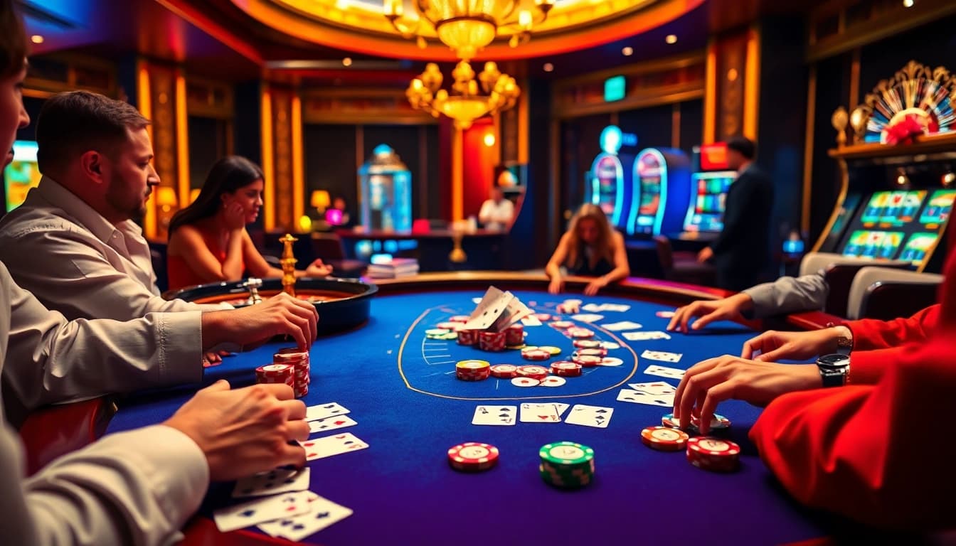 A dynamic casino scene showcasing players at a poker table, with KJC COM highlighting premium gambling excitement.