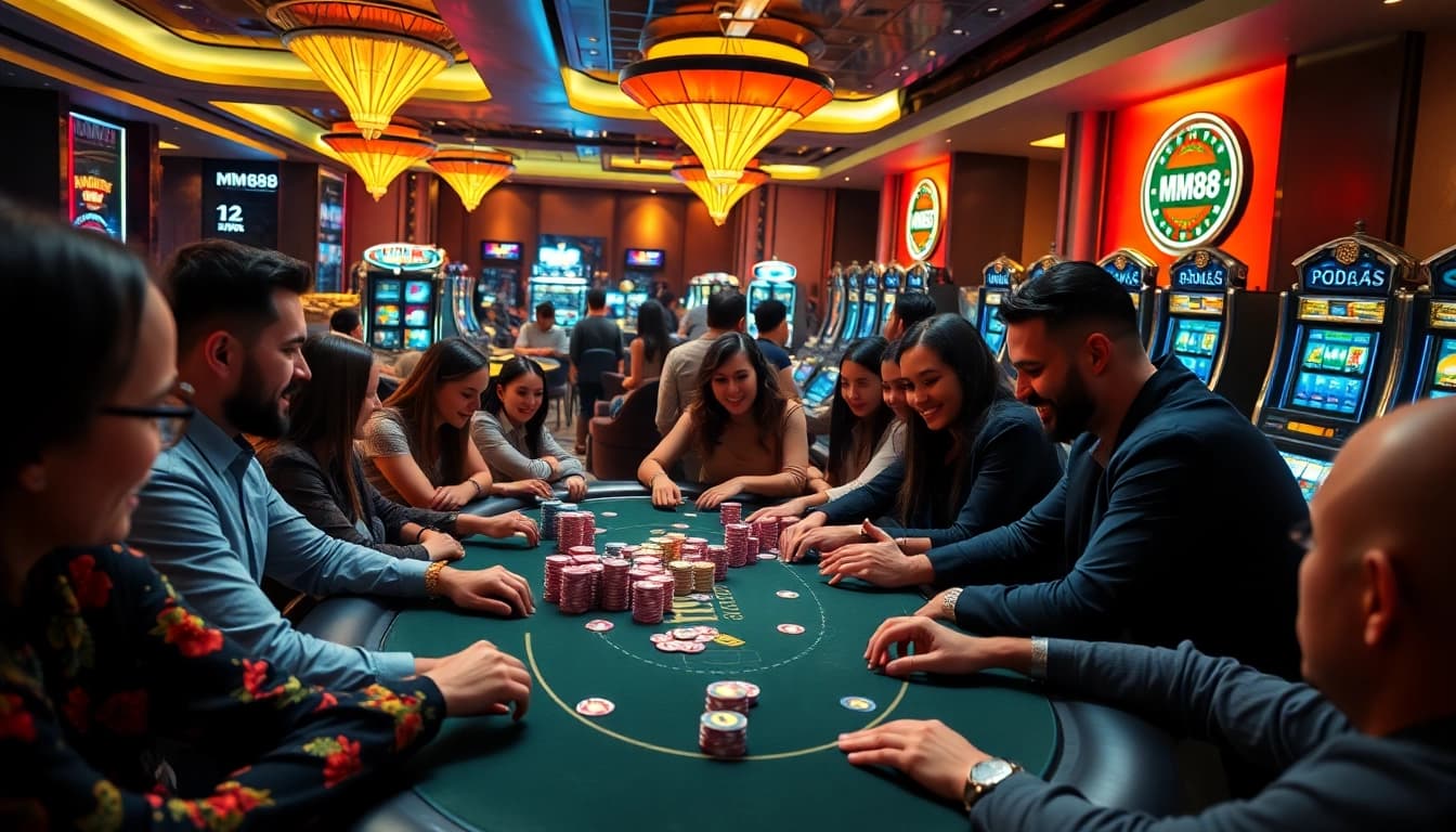 Players engaging enthusiastically at MM88 poker table with vibrant chips and modern slot machines.