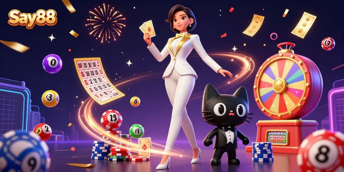 Engage with Say88 in a vibrant casino scene filled with colorful elements and dynamic action.