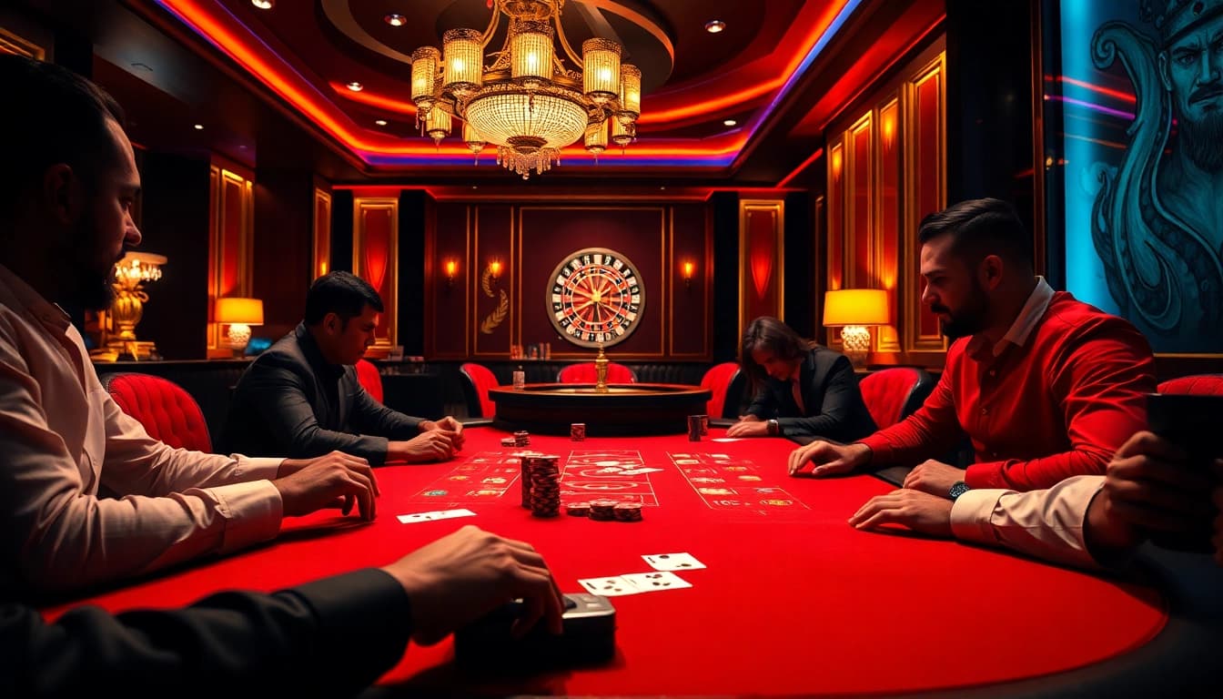 Engaged players enjoy the thrilling atmosphere of MK8 poker, with colorful chips and cards on a high-end table.