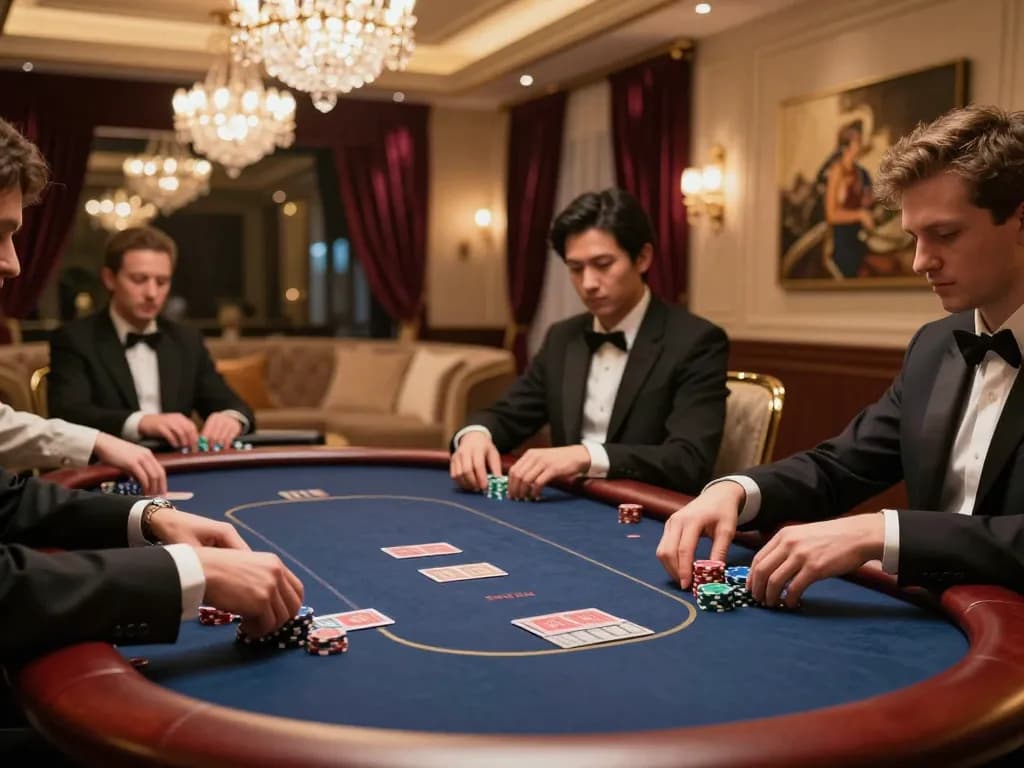 Players competing at VIPWIN poker table in luxurious gaming room, showcasing elegance and strategy