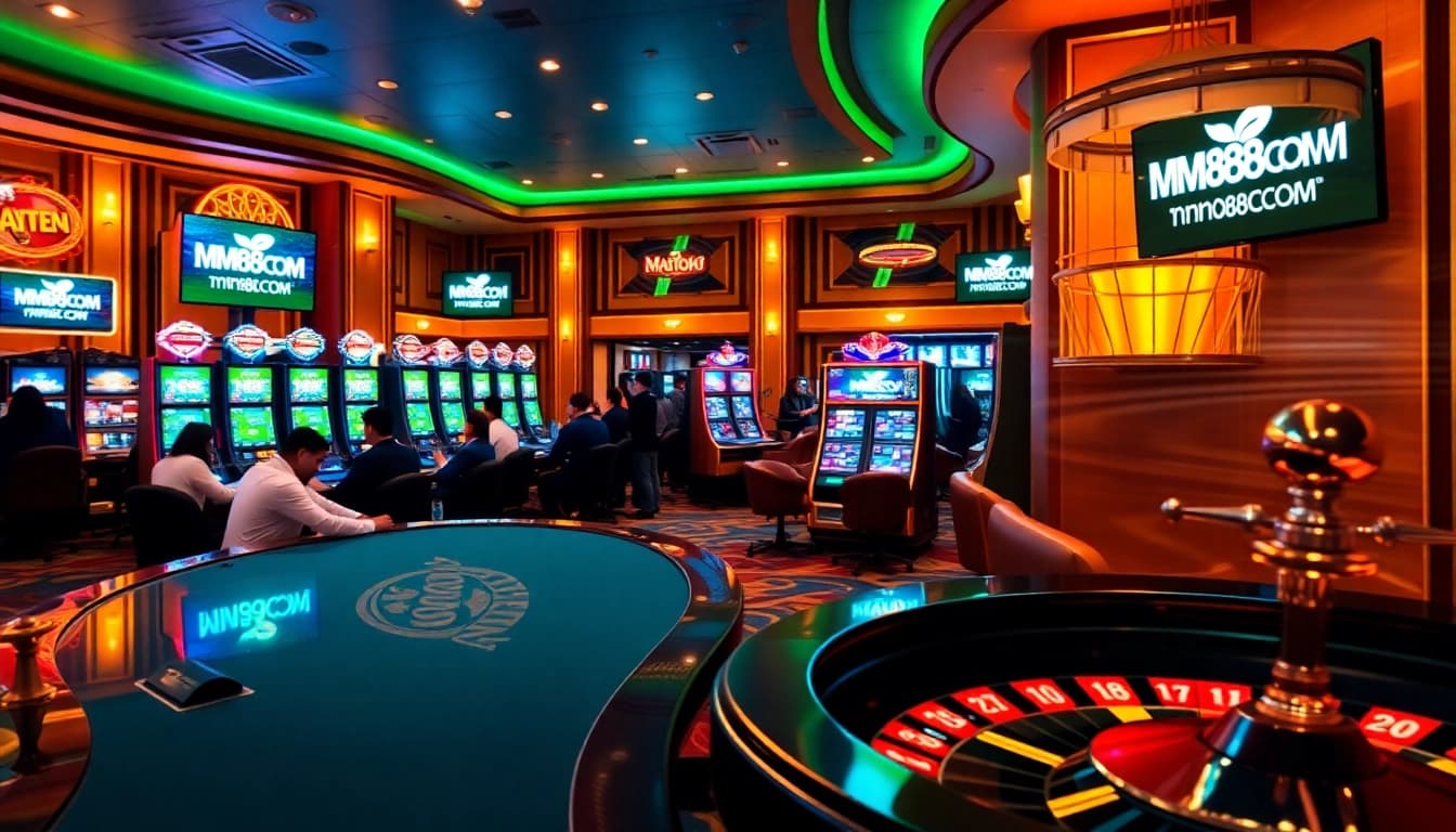 Engaging gamblers at MM88COM with lively casino tables and vibrant slot machines.