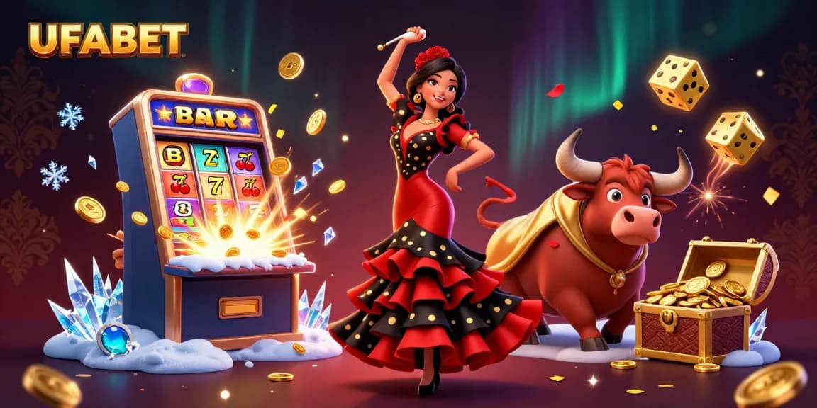 Experience thrilling wins at UFABET with a vibrant 3D casino scene featuring a flamenco dancer and a bull.