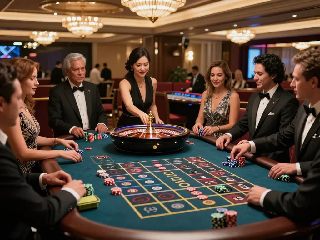 Players engaging in a thrilling roulette game at a luxurious casino while discovering strategies related to XX88