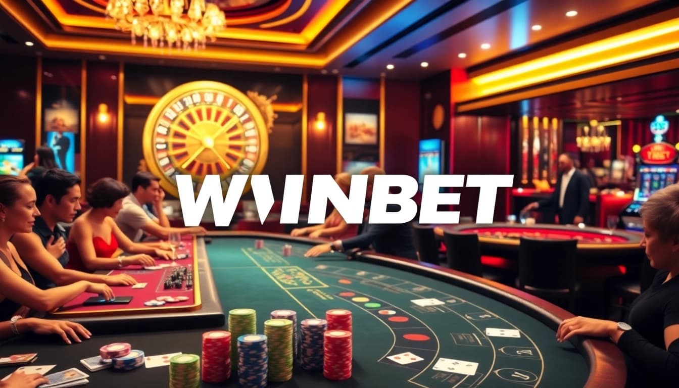 WINBET casino scene with players at tables and a roulette wheel, embodying excitement and luxury.