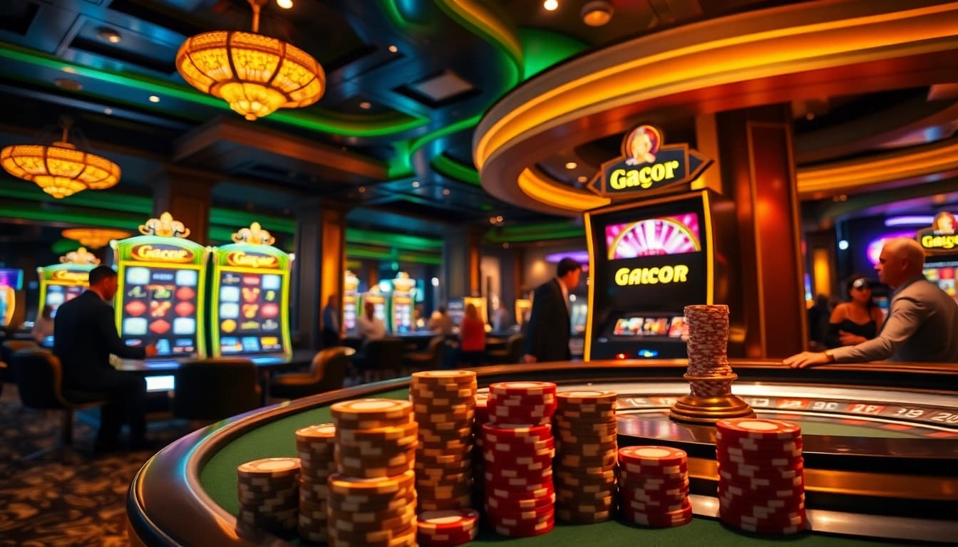 Experience gacor slot excitement as players engage with spinning reels in a luxurious casino setting.