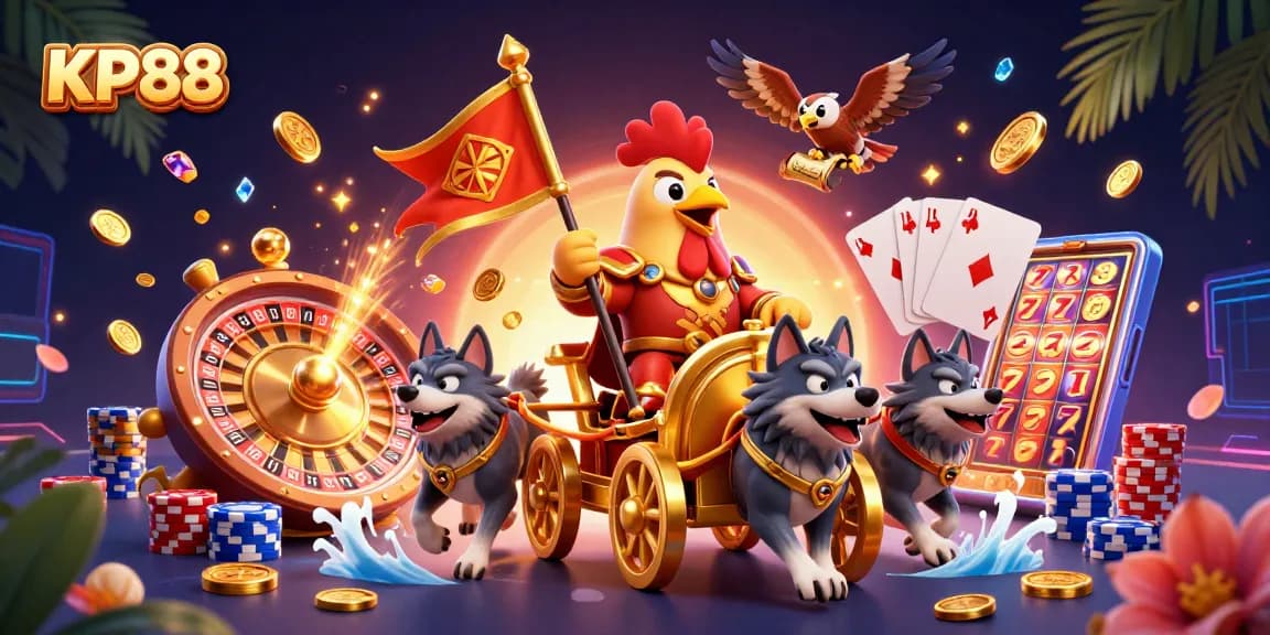 KP88 promotes thrilling adventures in the casino world with vibrant characters among cascading coins.