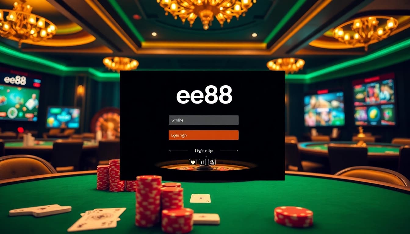 Access the ee88 link đăng nhập on a premium casino interface filled with cards and poker chips.