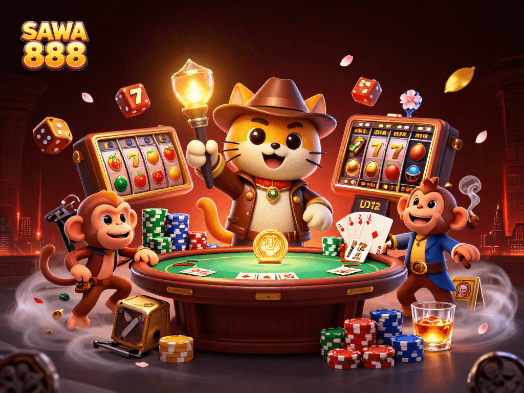 Engage with SAWA 888's exciting slot adventure featuring a cartoon explorer and treasure hunt atmosphere.