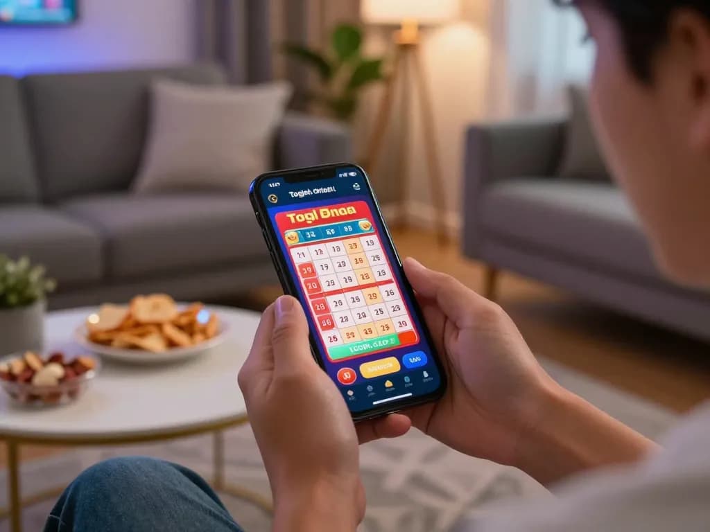 Engaging mobile gaming experience with togel online on smartphone in cozy home setting.