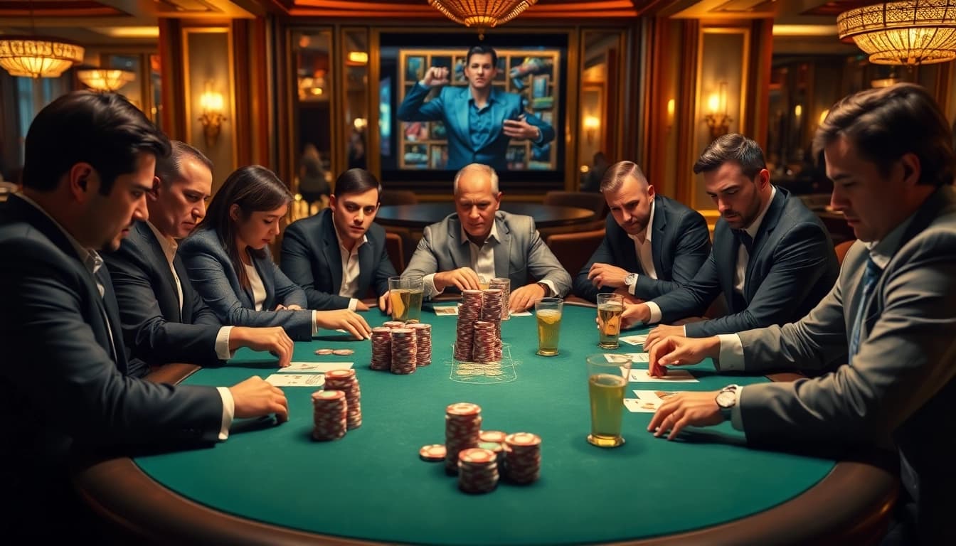 Engaged players in a thrilling poker game, showcasing intense concentration and strategic gameplay.