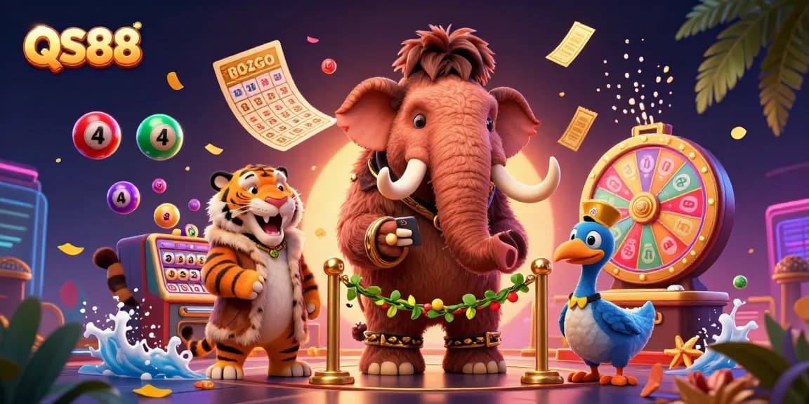 Experience the thrilling atmosphere of QS88 with colorful casino elements and vibrant characters engaging in exciting games.