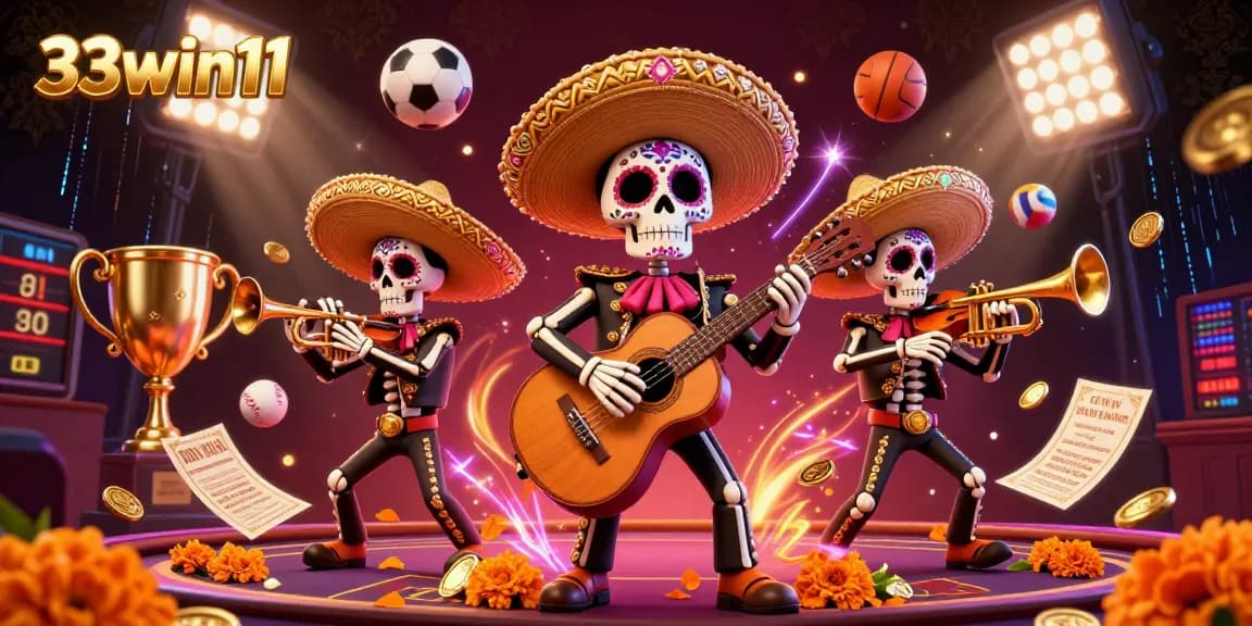 Experience the excitement of 33win11 with a vibrant casino mariachi band amidst sports elements and dynamic lighting.