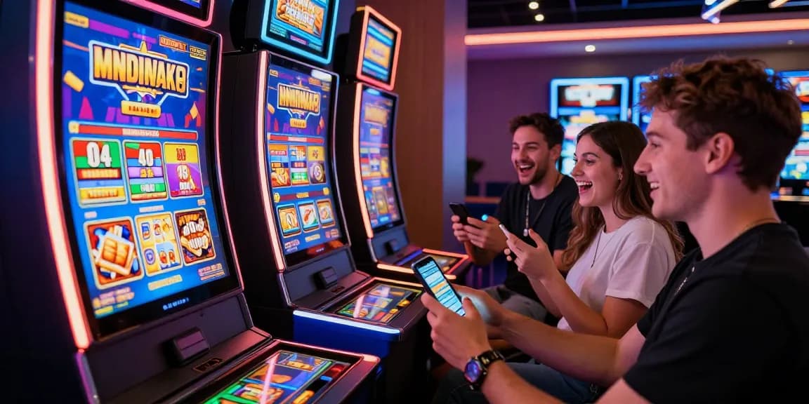 Players enjoying new online slot sites at a vibrant virtual casino with colorful slot machine displays.