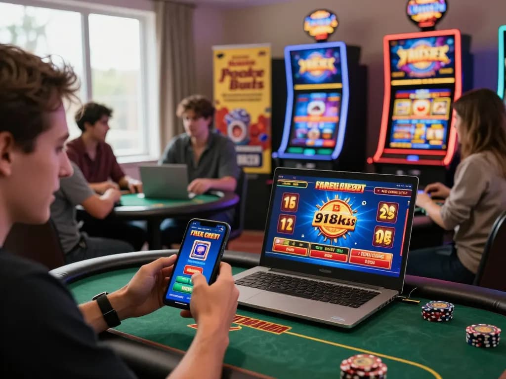 Excited player engaging with free credit 918kiss promotions online, showcasing a vibrant gambling atmosphere.