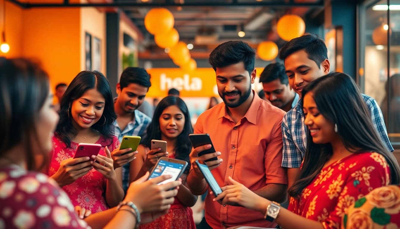 Engaged users browsing Hela Ads on digital devices in a lively Sri Lankan marketplace.