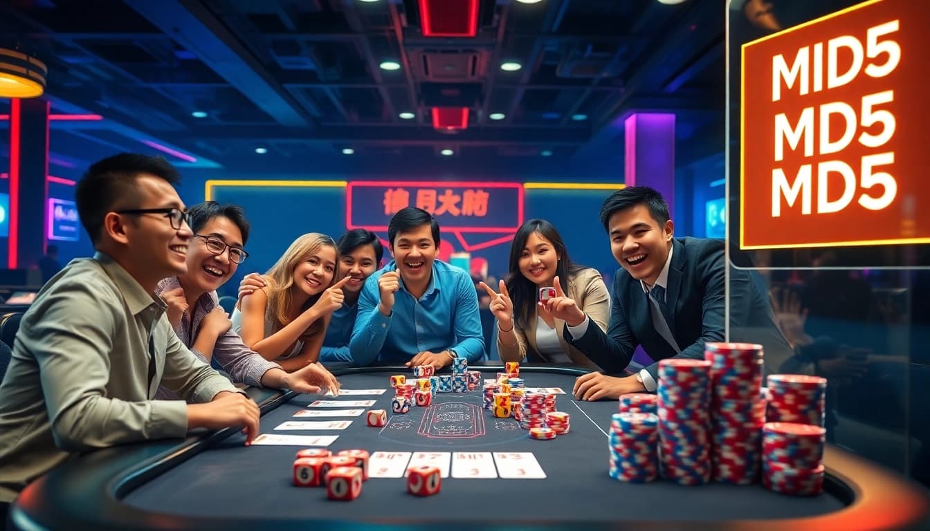 Exciting Tài Xỉu MD5 game scene with players, colorful dice, and a transparent MD5 display.