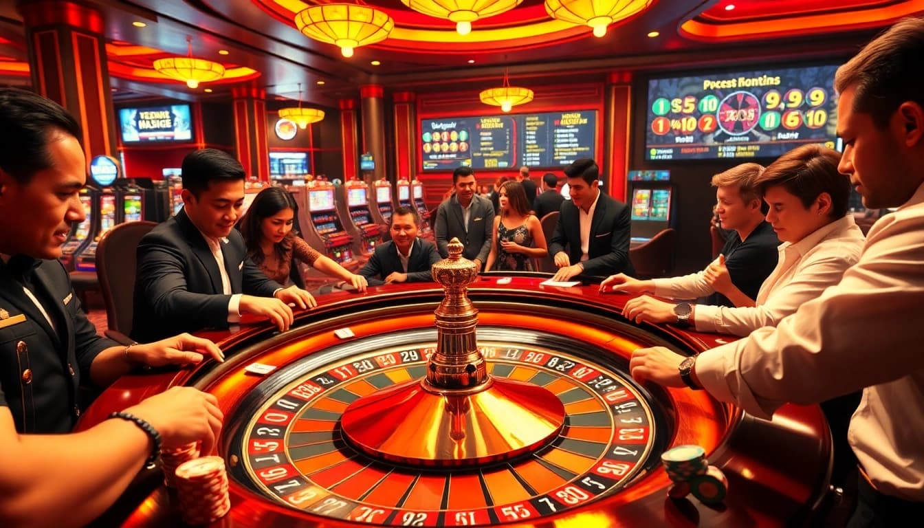 Excited players at the KP88 casino roulette table enjoying a thrilling gaming experience.
