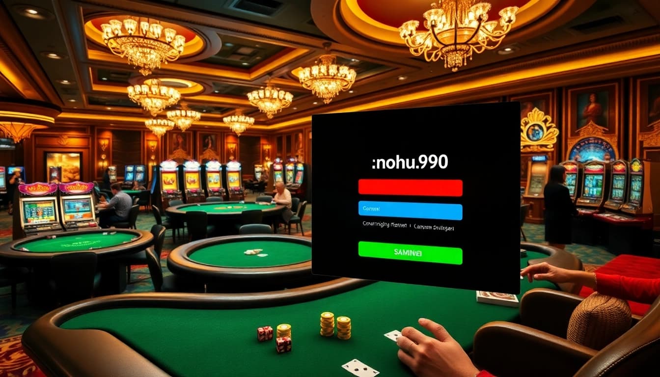 Nohu90 đăng nhập interface featured prominently amidst a vibrant casino scene filled with poker tables and slot machines.