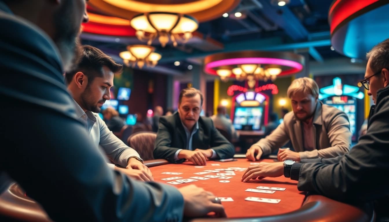 arushoki menunjukkan pemain poker yang berkonsentrasi di kasino dengan lampu yang cerah.