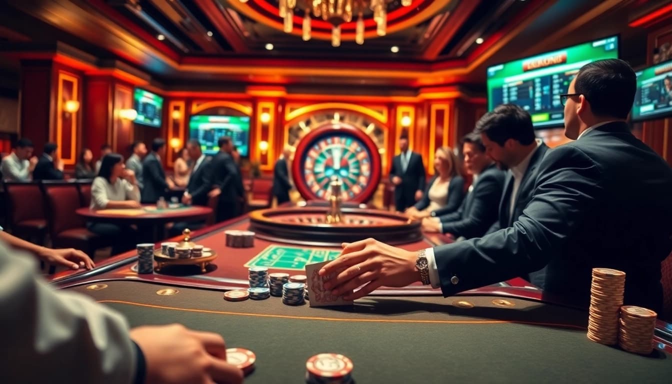 Experience thrilling moments at https://ww88b.com/ with players enjoying poker and roulette in a stunning casino.