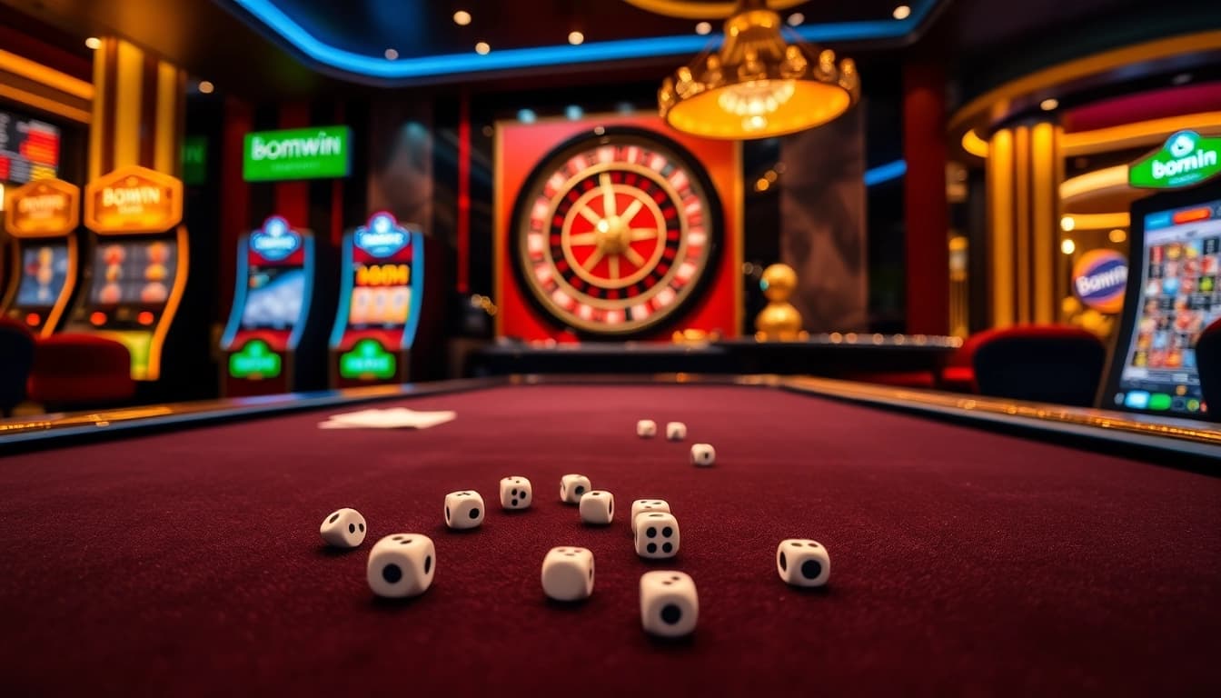 Experience thrilling gameplay at bomwin with vibrant roulette, poker, and slot machine elements.