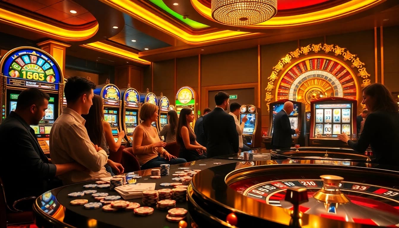Pemain menikmati sensasi Birutoto pada mesin slot berwarna-warni di kasino yang hidup.
