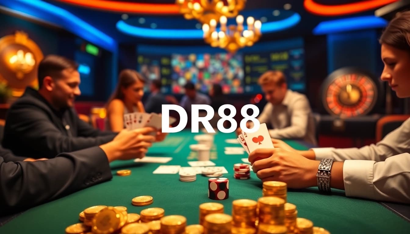 Players engaging at a lively poker table with DR88 branding and vibrant gambling elements.