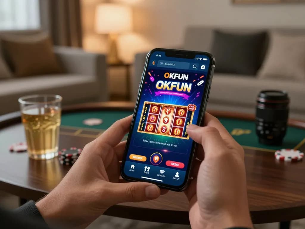 Engaging with OKFUN app for online gaming, showcasing dynamic smartphone gameplay.