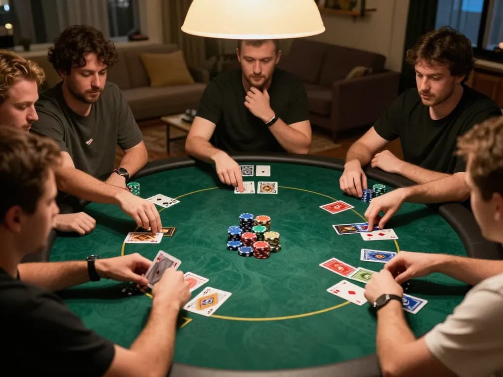 Players intensively engaged in a Texas Hold'em game on badak178, showcasing strategic chip placements and cards.