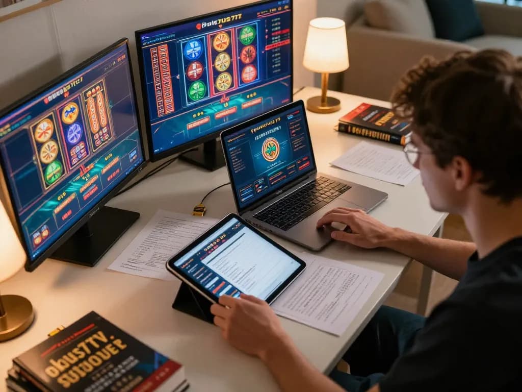 Engaging online gaming action at Fokus777 showcasing slots and poker on multiple screens in a cozy home setting.