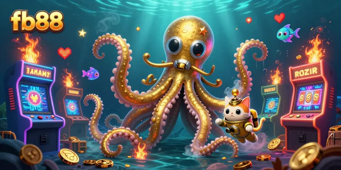 Play thrilling games at fb88, featuring a vibrant kraken and a diving cat amidst colorful casino elements.