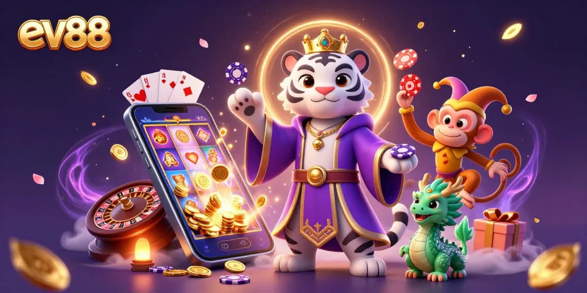 Experience thrilling slot games with ev88's magical casino scene featuring dynamic characters and rich gameplay elements.